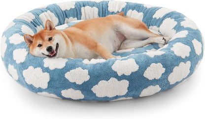 Jacquard Donut Round Dog Beds Medium Sized Dog,Blue 30x30x8in, Removable Washable Cover, Cute Pattern, Ultra Soft Fluffy Calming Pet Bed with Thick Supportive Bolster