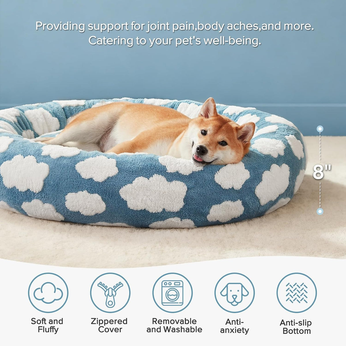 Jacquard Donut Round Dog Beds Medium Sized Dog,Blue 30x30x8in, Removable Washable Cover, Cute Pattern, Ultra Soft Fluffy Calming Pet Bed with Thick Supportive Bolster