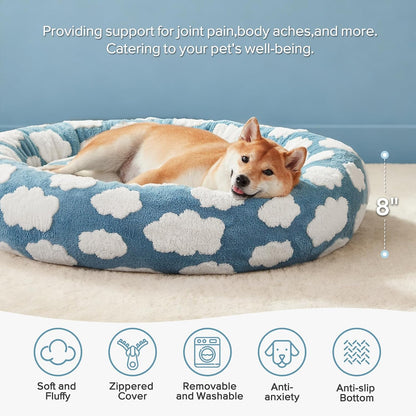 Jacquard Donut Round Dog Beds Medium Sized Dog,Blue 30x30x8in, Removable Washable Cover, Cute Pattern, Ultra Soft Fluffy Calming Pet Bed with Thick Supportive Bolster