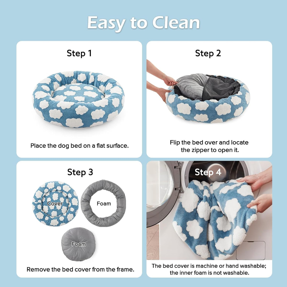 Jacquard Donut Round Dog Beds Medium Sized Dog,Blue 30x30x8in, Removable Washable Cover, Cute Pattern, Ultra Soft Fluffy Calming Pet Bed with Thick Supportive Bolster