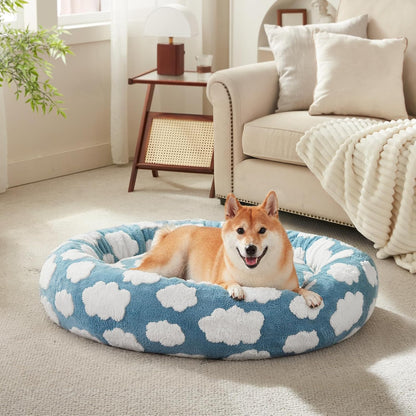 Jacquard Donut Round Dog Beds Medium Sized Dog,Blue 30x30x8in, Removable Washable Cover, Cute Pattern, Ultra Soft Fluffy Calming Pet Bed with Thick Supportive Bolster