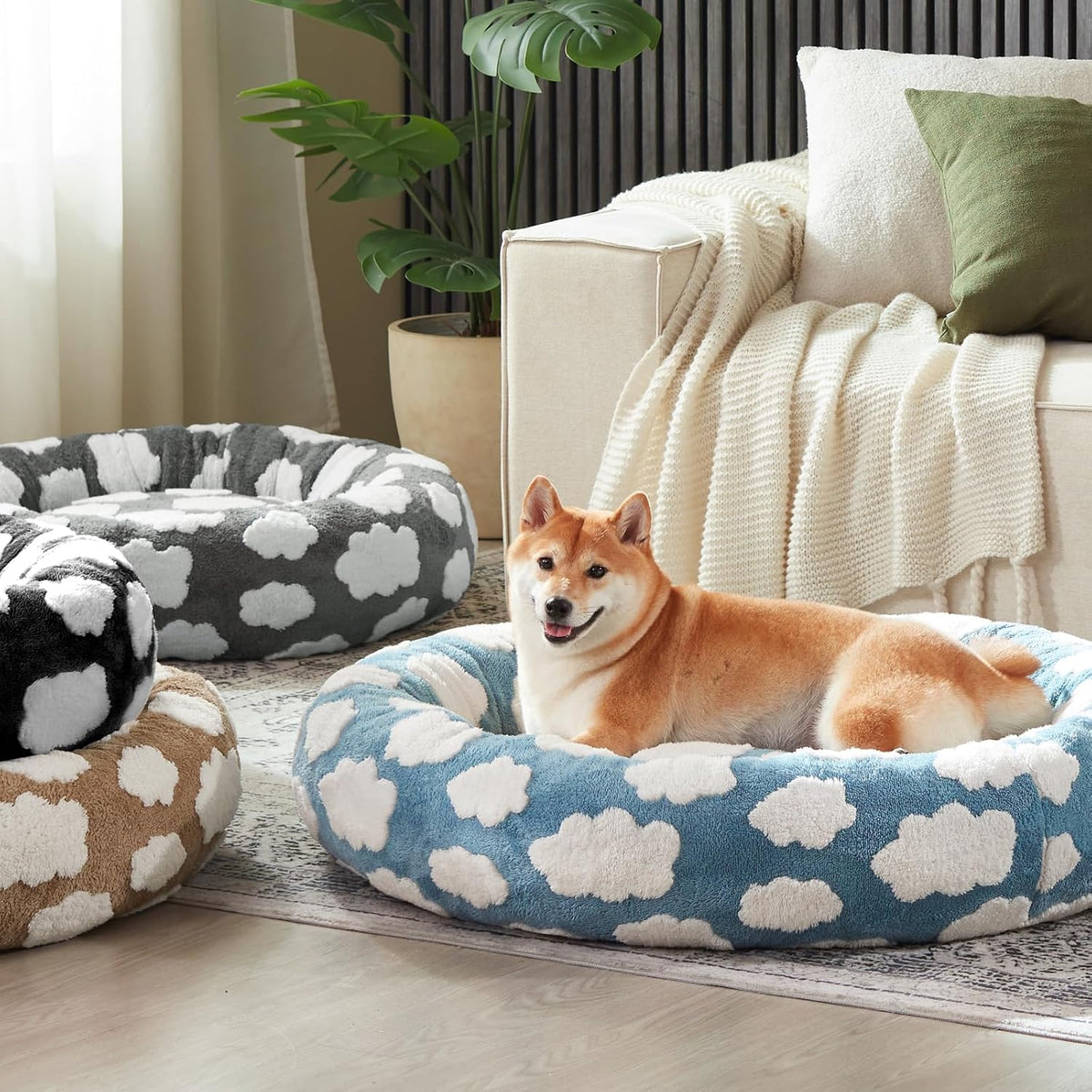 Jacquard Donut Round Dog Beds Medium Sized Dog,Blue 30x30x8in, Removable Washable Cover, Cute Pattern, Ultra Soft Fluffy Calming Pet Bed with Thick Supportive Bolster