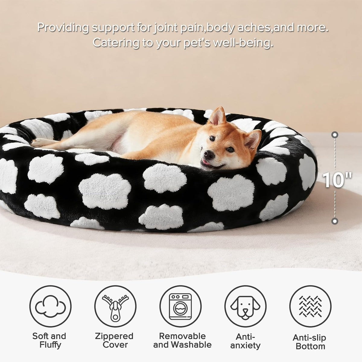 Jacquard Donut Round Dog Beds Medium Sized Dog,Blue 30x30x8in, Removable Washable Cover, Cute Pattern, Ultra Soft Fluffy Calming Pet Bed with Thick Supportive Bolster