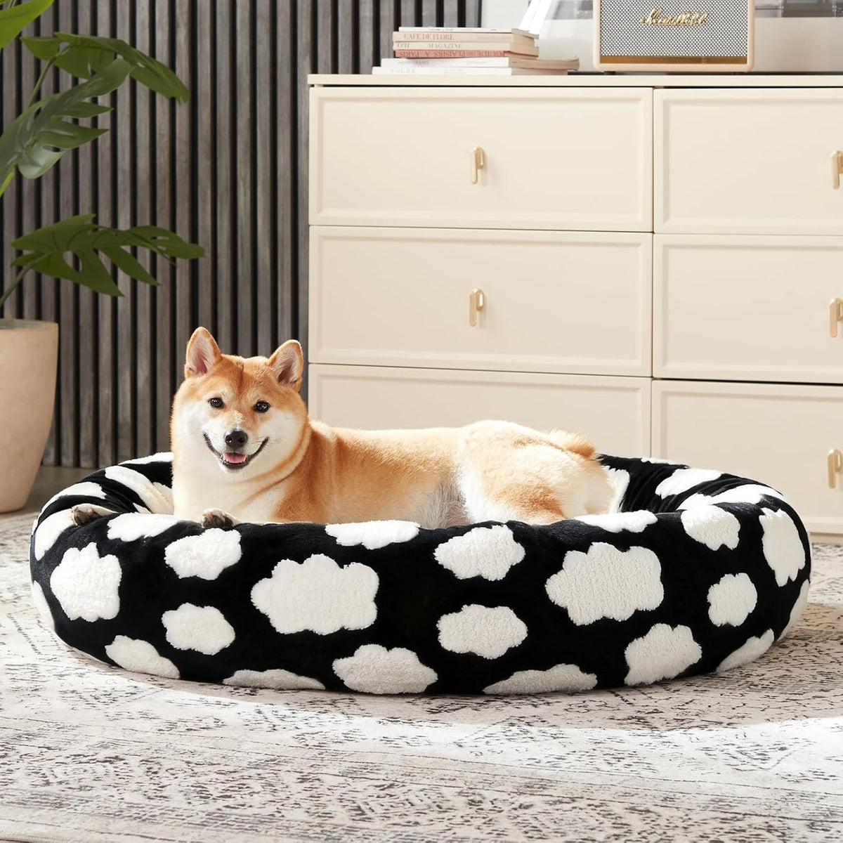 Jacquard Donut Round Dog Beds Medium Sized Dog,Blue 30x30x8in, Removable Washable Cover, Cute Pattern, Ultra Soft Fluffy Calming Pet Bed with Thick Supportive Bolster