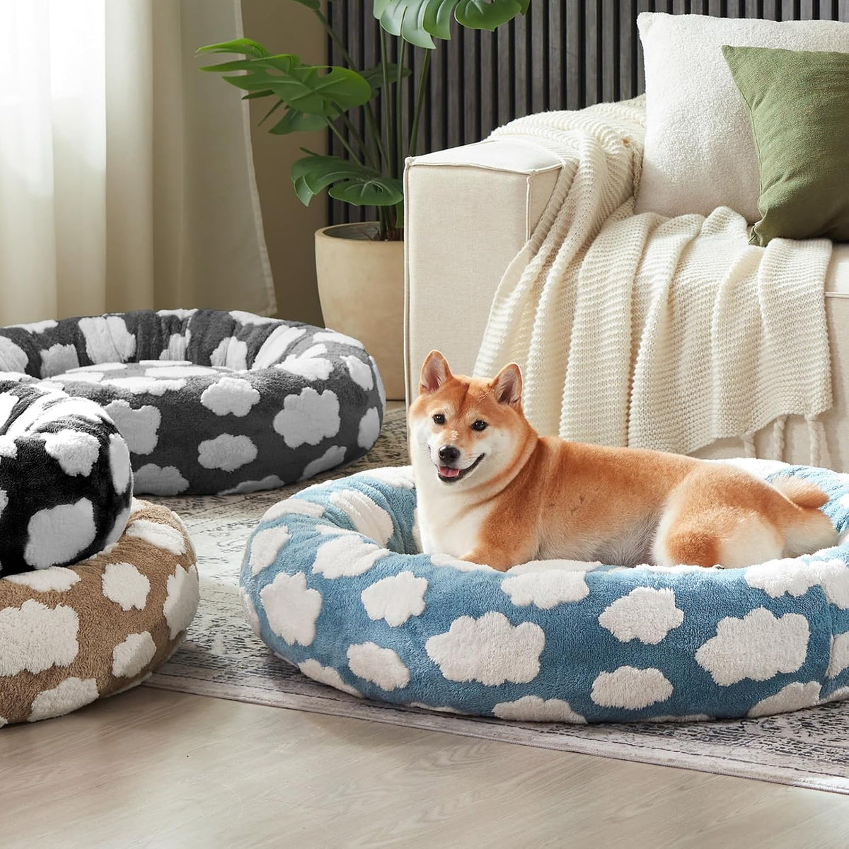 Jacquard Donut Round Dog Beds Medium Sized Dog,Blue 30x30x8in, Removable Washable Cover, Cute Pattern, Ultra Soft Fluffy Calming Pet Bed with Thick Supportive Bolster