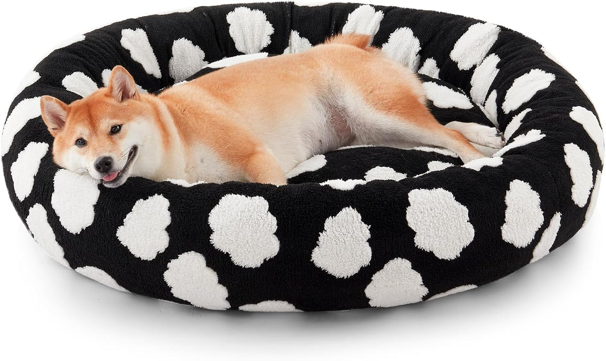 Jacquard Donut Round Dog Beds Medium Sized Dog,Blue 30x30x8in, Removable Washable Cover, Cute Pattern, Ultra Soft Fluffy Calming Pet Bed with Thick Supportive Bolster