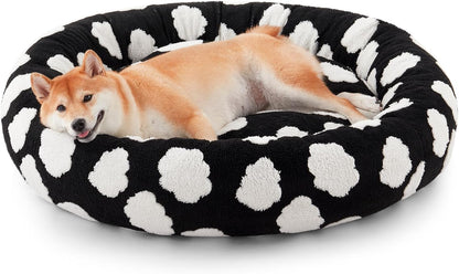 Jacquard Donut Round Dog Beds Medium Sized Dog,Blue 30x30x8in, Removable Washable Cover, Cute Pattern, Ultra Soft Fluffy Calming Pet Bed with Thick Supportive Bolster