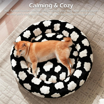 Jacquard Donut Round Dog Beds Medium Sized Dog,Blue 30x30x8in, Removable Washable Cover, Cute Pattern, Ultra Soft Fluffy Calming Pet Bed with Thick Supportive Bolster