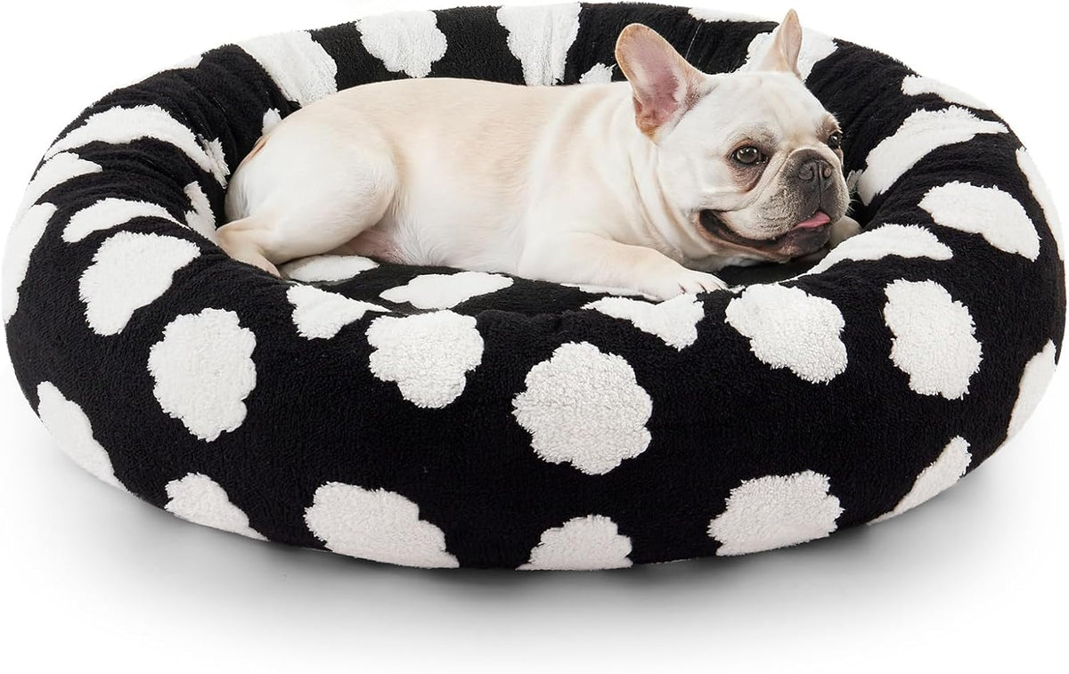 Jacquard Donut Round Dog Beds Medium Sized Dog,Blue 30x30x8in, Removable Washable Cover, Cute Pattern, Ultra Soft Fluffy Calming Pet Bed with Thick Supportive Bolster