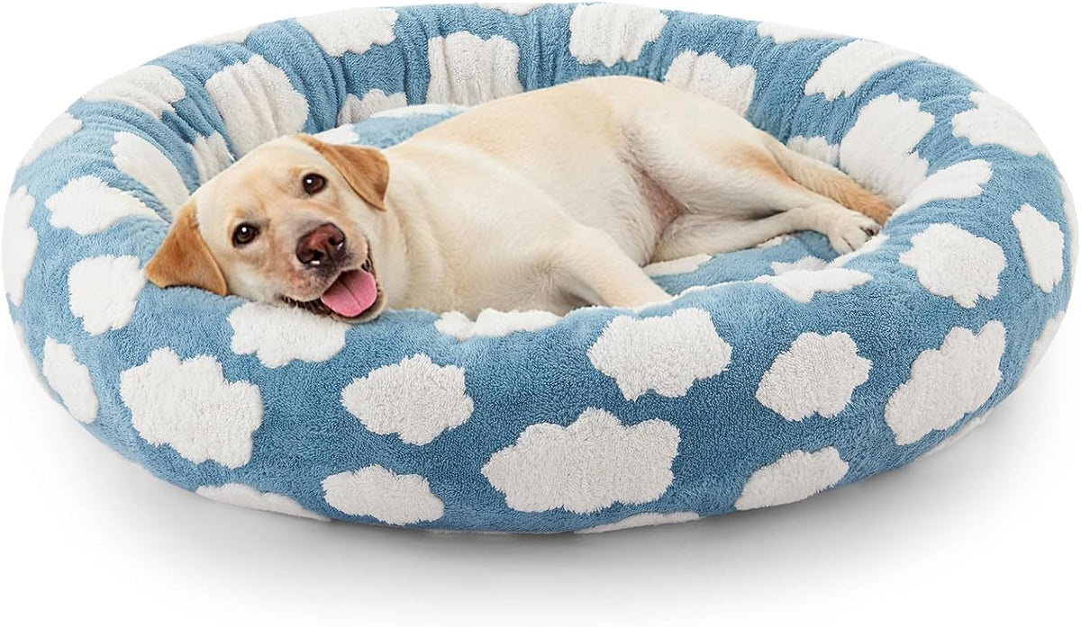 Jacquard Donut Round Dog Beds Medium Sized Dog,Blue 30x30x8in, Removable Washable Cover, Cute Pattern, Ultra Soft Fluffy Calming Pet Bed with Thick Supportive Bolster