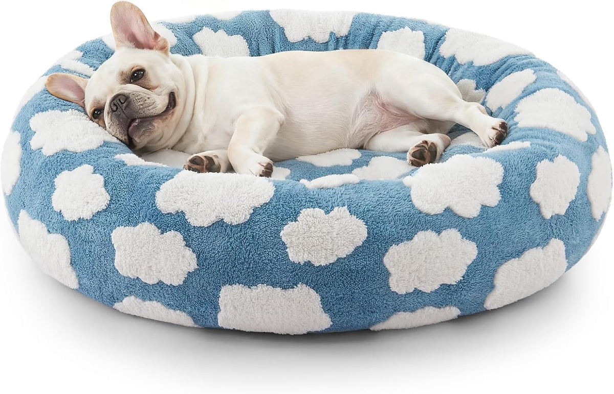 Jacquard Donut Round Dog Beds Medium Sized Dog,Blue 30x30x8in, Removable Washable Cover, Cute Pattern, Ultra Soft Fluffy Calming Pet Bed with Thick Supportive Bolster