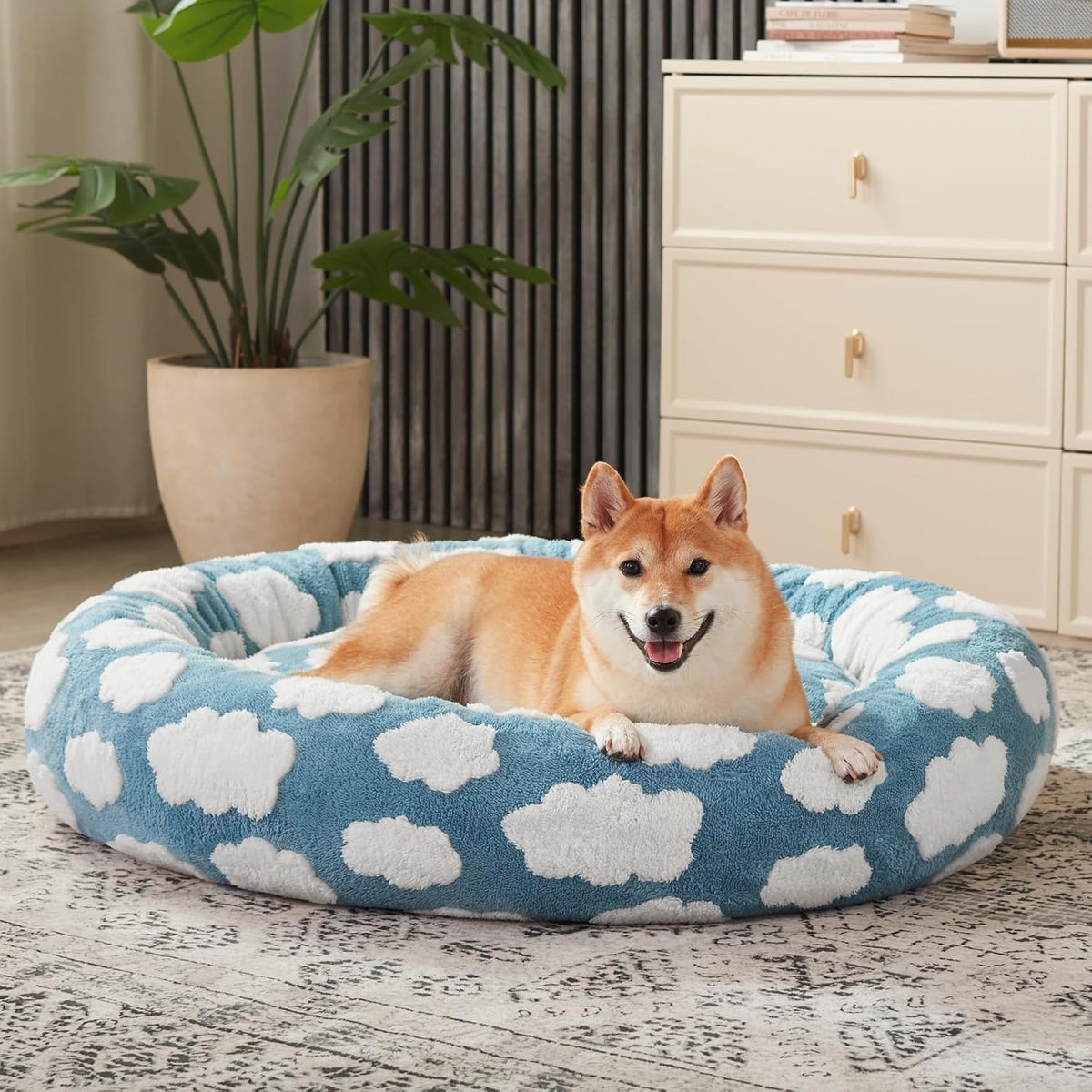 Jacquard Donut Round Dog Beds Medium Sized Dog,Blue 30x30x8in, Removable Washable Cover, Cute Pattern, Ultra Soft Fluffy Calming Pet Bed with Thick Supportive Bolster