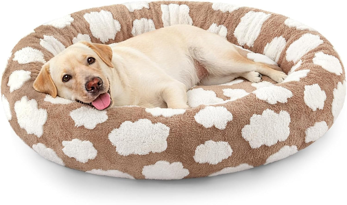 Jacquard Donut Round Dog Beds Medium Sized Dog,Blue 30x30x8in, Removable Washable Cover, Cute Pattern, Ultra Soft Fluffy Calming Pet Bed with Thick Supportive Bolster