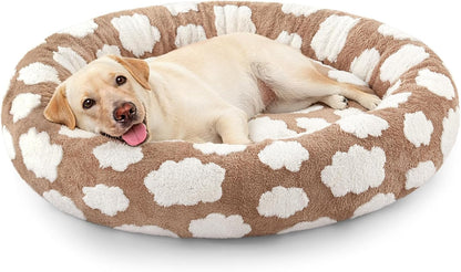 Jacquard Donut Round Dog Beds Medium Sized Dog,Blue 30x30x8in, Removable Washable Cover, Cute Pattern, Ultra Soft Fluffy Calming Pet Bed with Thick Supportive Bolster