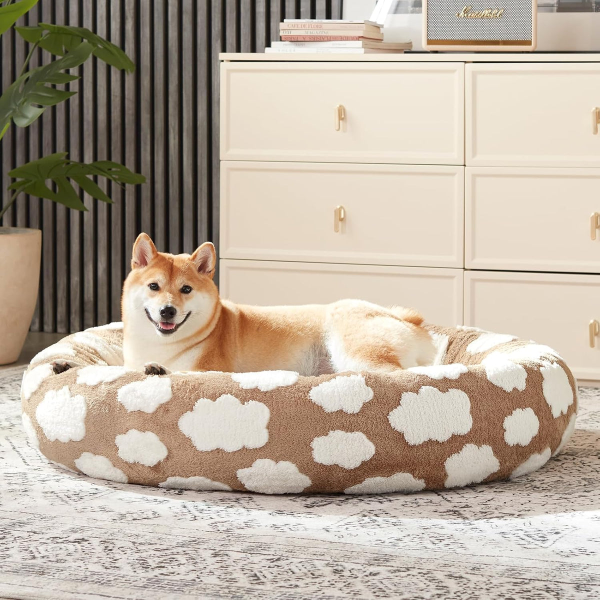 Jacquard Donut Round Dog Beds Medium Sized Dog,Blue 30x30x8in, Removable Washable Cover, Cute Pattern, Ultra Soft Fluffy Calming Pet Bed with Thick Supportive Bolster