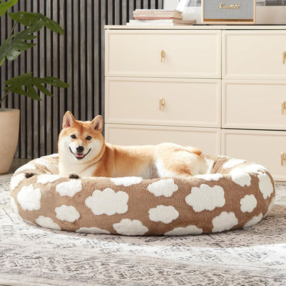 Jacquard Donut Round Dog Beds Medium Sized Dog,Blue 30x30x8in, Removable Washable Cover, Cute Pattern, Ultra Soft Fluffy Calming Pet Bed with Thick Supportive Bolster