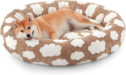 Jacquard Donut Round Dog Beds Medium Sized Dog,Blue 30x30x8in, Removable Washable Cover, Cute Pattern, Ultra Soft Fluffy Calming Pet Bed with Thick Supportive Bolster
