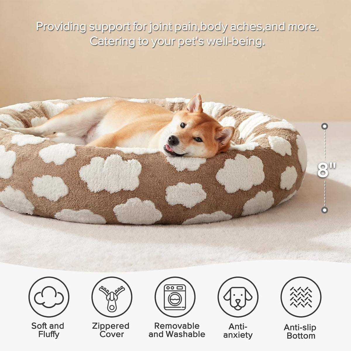 Jacquard Donut Round Dog Beds Medium Sized Dog,Blue 30x30x8in, Removable Washable Cover, Cute Pattern, Ultra Soft Fluffy Calming Pet Bed with Thick Supportive Bolster