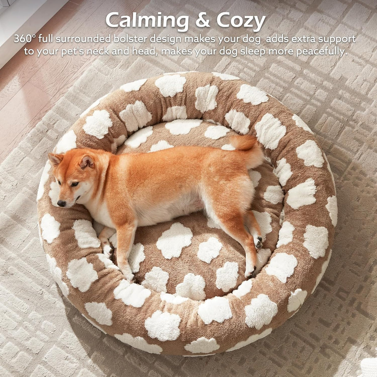 Jacquard Donut Round Dog Beds Medium Sized Dog,Blue 30x30x8in, Removable Washable Cover, Cute Pattern, Ultra Soft Fluffy Calming Pet Bed with Thick Supportive Bolster