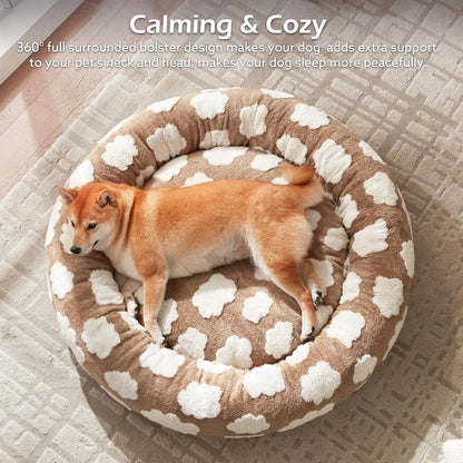 Jacquard Donut Round Dog Beds Medium Sized Dog,Blue 30x30x8in, Removable Washable Cover, Cute Pattern, Ultra Soft Fluffy Calming Pet Bed with Thick Supportive Bolster