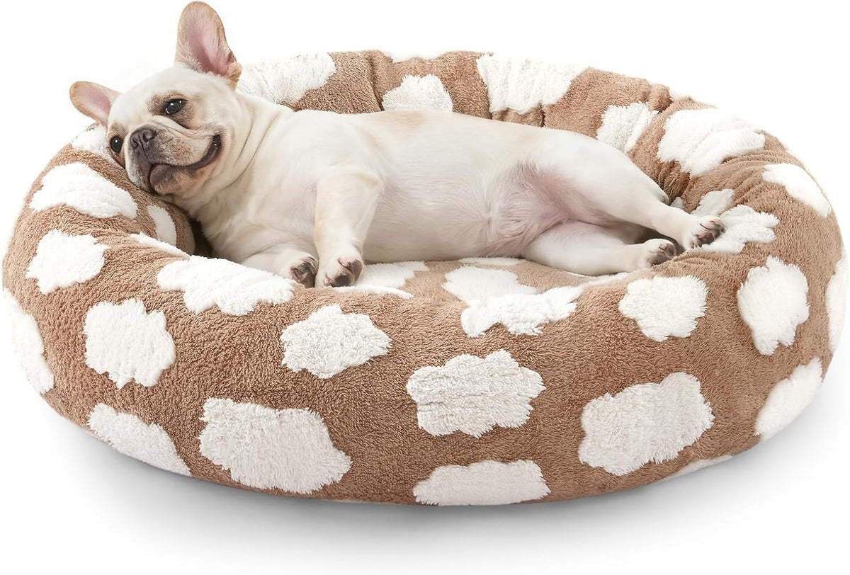 Jacquard Donut Round Dog Beds Medium Sized Dog,Blue 30x30x8in, Removable Washable Cover, Cute Pattern, Ultra Soft Fluffy Calming Pet Bed with Thick Supportive Bolster