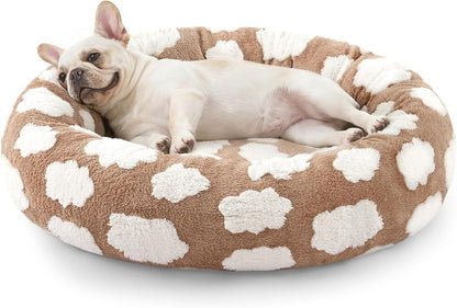 Jacquard Donut Round Dog Beds Medium Sized Dog,Blue 30x30x8in, Removable Washable Cover, Cute Pattern, Ultra Soft Fluffy Calming Pet Bed with Thick Supportive Bolster