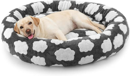 Jacquard Donut Round Dog Beds Medium Sized Dog,Blue 30x30x8in, Removable Washable Cover, Cute Pattern, Ultra Soft Fluffy Calming Pet Bed with Thick Supportive Bolster