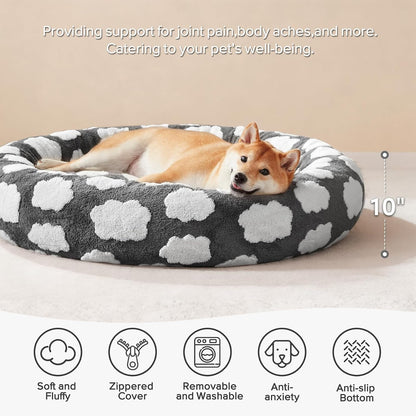 Jacquard Donut Round Dog Beds Medium Sized Dog,Blue 30x30x8in, Removable Washable Cover, Cute Pattern, Ultra Soft Fluffy Calming Pet Bed with Thick Supportive Bolster