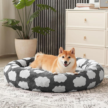 Jacquard Donut Round Dog Beds Medium Sized Dog,Blue 30x30x8in, Removable Washable Cover, Cute Pattern, Ultra Soft Fluffy Calming Pet Bed with Thick Supportive Bolster