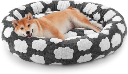 Jacquard Donut Round Dog Beds Medium Sized Dog,Blue 30x30x8in, Removable Washable Cover, Cute Pattern, Ultra Soft Fluffy Calming Pet Bed with Thick Supportive Bolster
