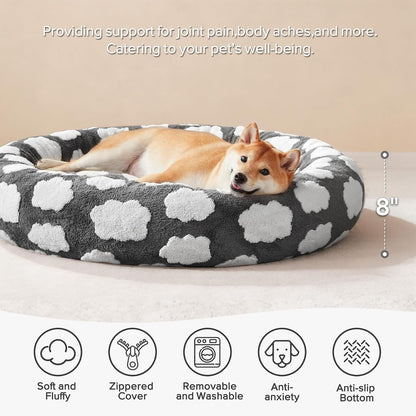 Jacquard Donut Round Dog Beds Medium Sized Dog,Blue 30x30x8in, Removable Washable Cover, Cute Pattern, Ultra Soft Fluffy Calming Pet Bed with Thick Supportive Bolster