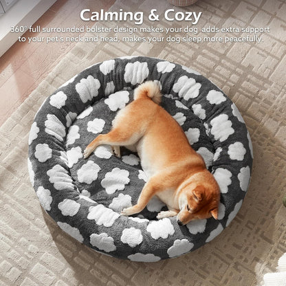 Jacquard Donut Round Dog Beds Medium Sized Dog,Blue 30x30x8in, Removable Washable Cover, Cute Pattern, Ultra Soft Fluffy Calming Pet Bed with Thick Supportive Bolster
