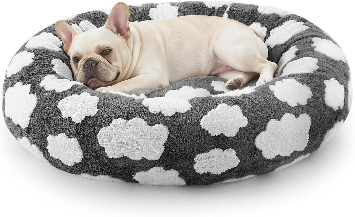 Jacquard Donut Round Dog Beds Medium Sized Dog,Blue 30x30x8in, Removable Washable Cover, Cute Pattern, Ultra Soft Fluffy Calming Pet Bed with Thick Supportive Bolster