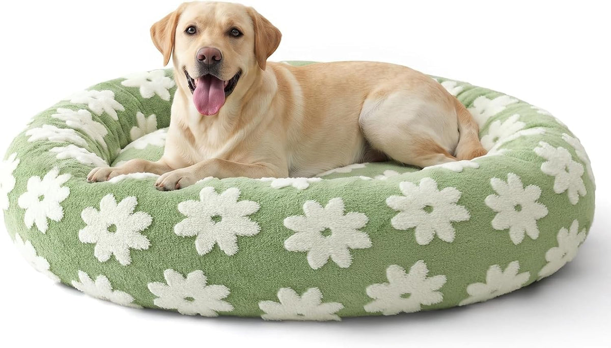 Jacquard Donut Round Dog Beds Medium Sized Dog,Blue 30x30x8in, Removable Washable Cover, Cute Pattern, Ultra Soft Fluffy Calming Pet Bed with Thick Supportive Bolster