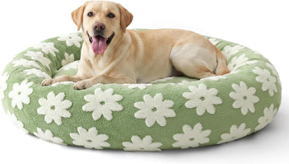 Jacquard Donut Round Dog Beds Medium Sized Dog,Blue 30x30x8in, Removable Washable Cover, Cute Pattern, Ultra Soft Fluffy Calming Pet Bed with Thick Supportive Bolster