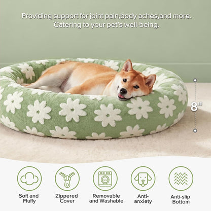 Jacquard Donut Round Dog Beds Medium Sized Dog,Blue 30x30x8in, Removable Washable Cover, Cute Pattern, Ultra Soft Fluffy Calming Pet Bed with Thick Supportive Bolster