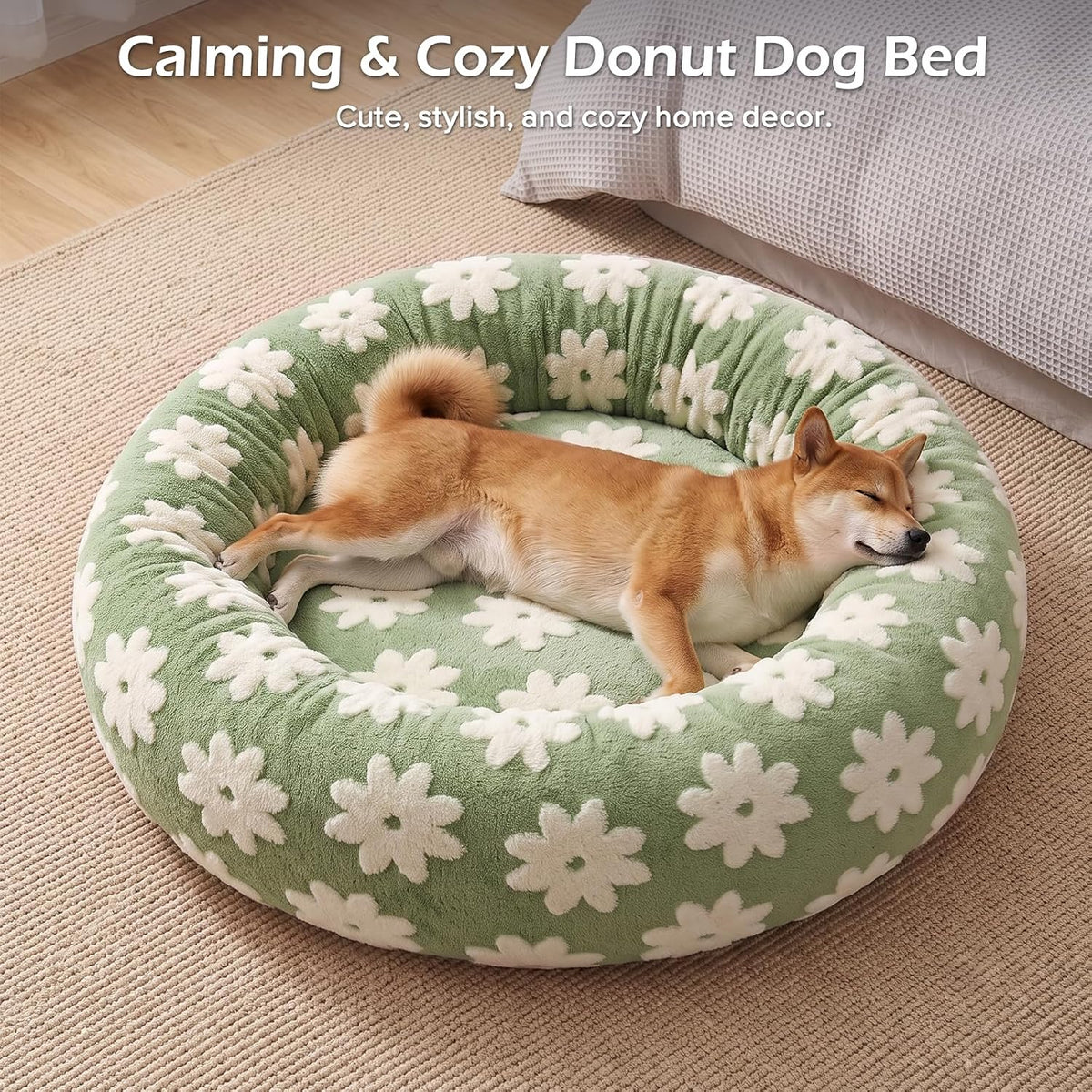 Jacquard Donut Round Dog Beds Medium Sized Dog,Blue 30x30x8in, Removable Washable Cover, Cute Pattern, Ultra Soft Fluffy Calming Pet Bed with Thick Supportive Bolster
