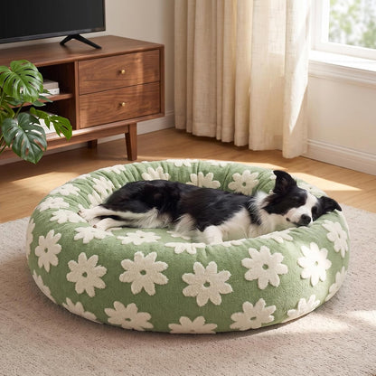 Jacquard Donut Round Dog Beds Medium Sized Dog,Blue 30x30x8in, Removable Washable Cover, Cute Pattern, Ultra Soft Fluffy Calming Pet Bed with Thick Supportive Bolster