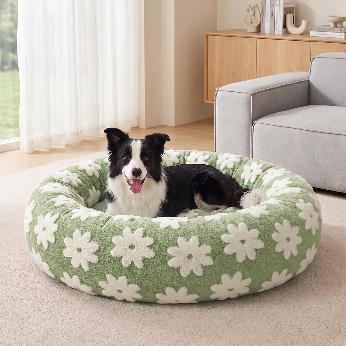 Jacquard Donut Round Dog Beds Medium Sized Dog,Blue 30x30x8in, Removable Washable Cover, Cute Pattern, Ultra Soft Fluffy Calming Pet Bed with Thick Supportive Bolster