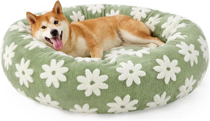 Jacquard Donut Round Dog Beds Medium Sized Dog,Blue 30x30x8in, Removable Washable Cover, Cute Pattern, Ultra Soft Fluffy Calming Pet Bed with Thick Supportive Bolster
