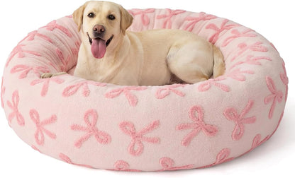 Jacquard Donut Round Dog Beds Medium Sized Dog,Blue 30x30x8in, Removable Washable Cover, Cute Pattern, Ultra Soft Fluffy Calming Pet Bed with Thick Supportive Bolster
