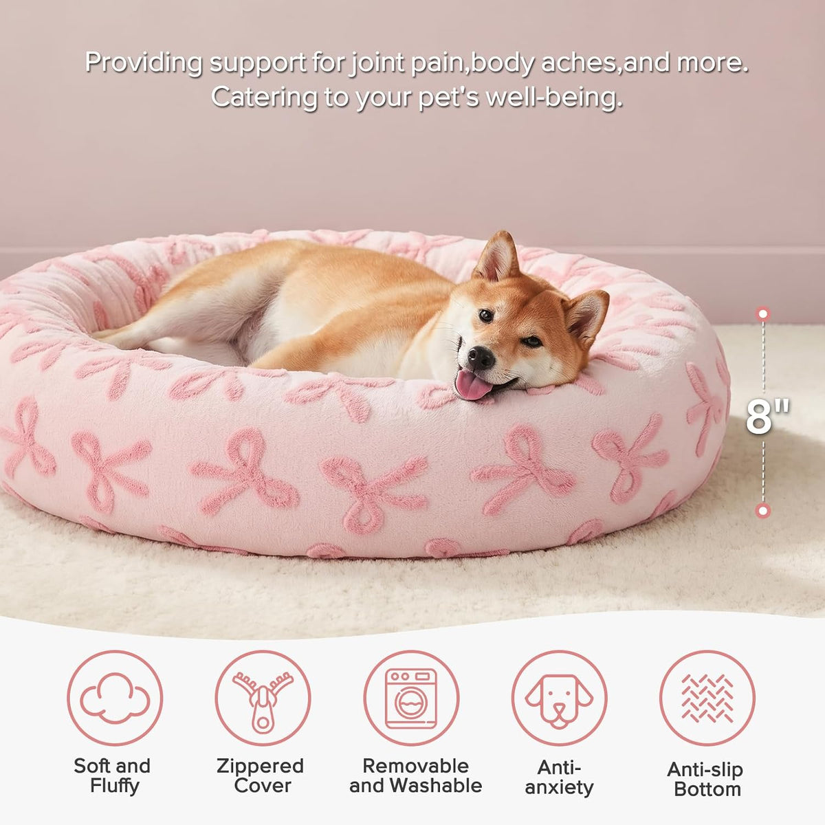 Jacquard Donut Round Dog Beds Medium Sized Dog,Blue 30x30x8in, Removable Washable Cover, Cute Pattern, Ultra Soft Fluffy Calming Pet Bed with Thick Supportive Bolster