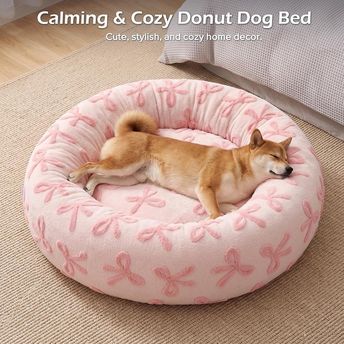 Jacquard Donut Round Dog Beds Medium Sized Dog,Blue 30x30x8in, Removable Washable Cover, Cute Pattern, Ultra Soft Fluffy Calming Pet Bed with Thick Supportive Bolster