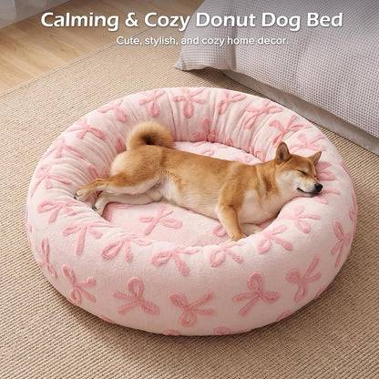 Jacquard Donut Round Dog Beds Medium Sized Dog,Blue 30x30x8in, Removable Washable Cover, Cute Pattern, Ultra Soft Fluffy Calming Pet Bed with Thick Supportive Bolster