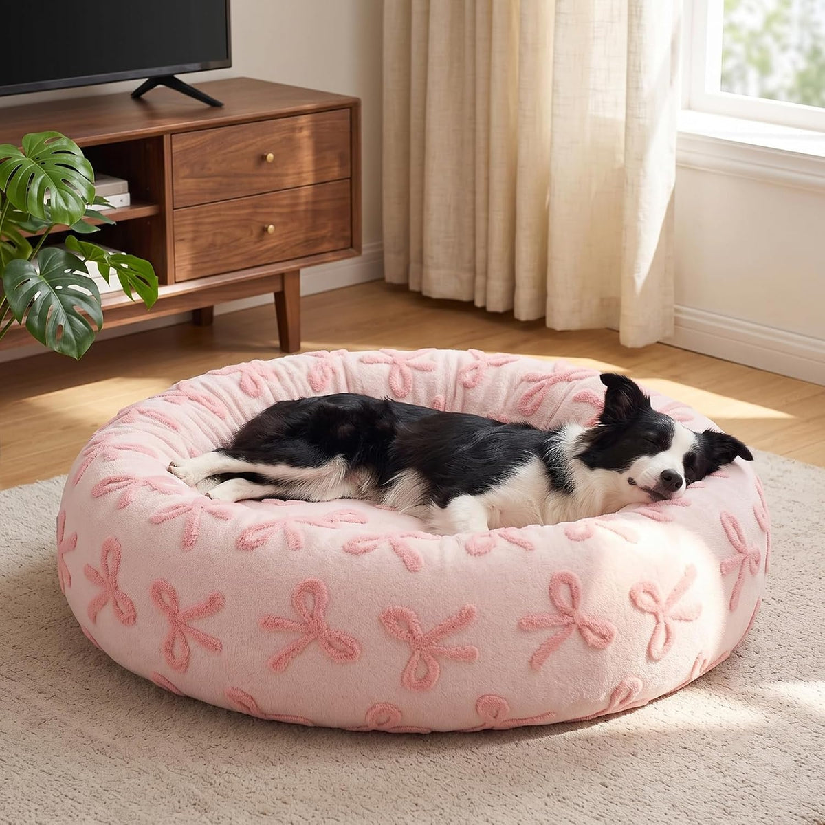 Jacquard Donut Round Dog Beds Medium Sized Dog,Blue 30x30x8in, Removable Washable Cover, Cute Pattern, Ultra Soft Fluffy Calming Pet Bed with Thick Supportive Bolster