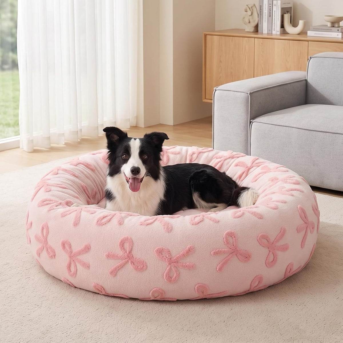 Jacquard Donut Round Dog Beds Medium Sized Dog,Blue 30x30x8in, Removable Washable Cover, Cute Pattern, Ultra Soft Fluffy Calming Pet Bed with Thick Supportive Bolster