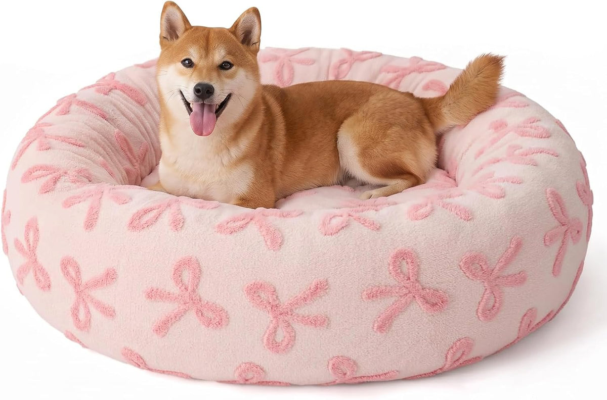 Jacquard Donut Round Dog Beds Medium Sized Dog,Blue 30x30x8in, Removable Washable Cover, Cute Pattern, Ultra Soft Fluffy Calming Pet Bed with Thick Supportive Bolster