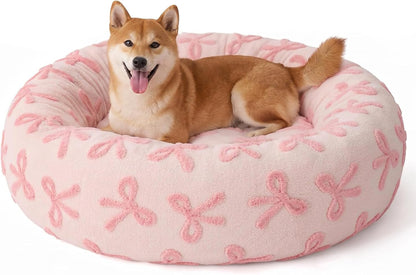 Jacquard Donut Round Dog Beds Medium Sized Dog,Blue 30x30x8in, Removable Washable Cover, Cute Pattern, Ultra Soft Fluffy Calming Pet Bed with Thick Supportive Bolster