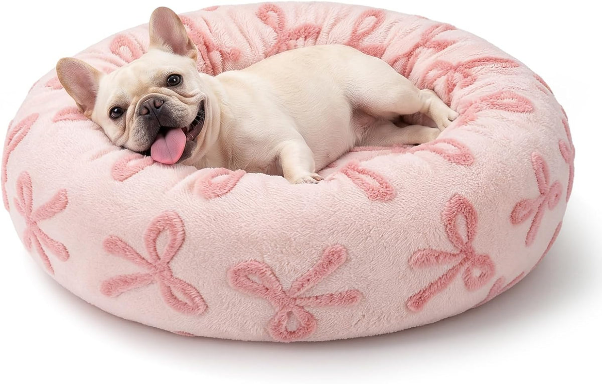 Jacquard Donut Round Dog Beds Medium Sized Dog,Blue 30x30x8in, Removable Washable Cover, Cute Pattern, Ultra Soft Fluffy Calming Pet Bed with Thick Supportive Bolster
