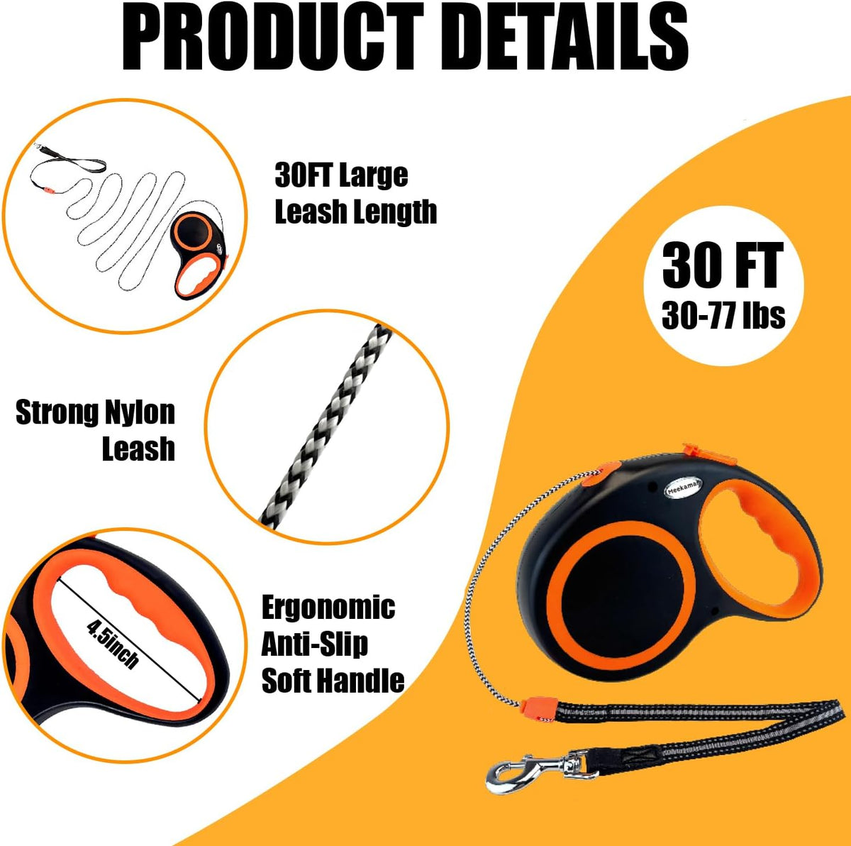 Retractable Dog Leash Automatic Telescopic Tractor Dog Tape, 30 FT Dog Walking Leash for Medium Large Dogs up to 77 lbs with Non-Slip Handle,Night Reflection,Heavy Duty No Tangle